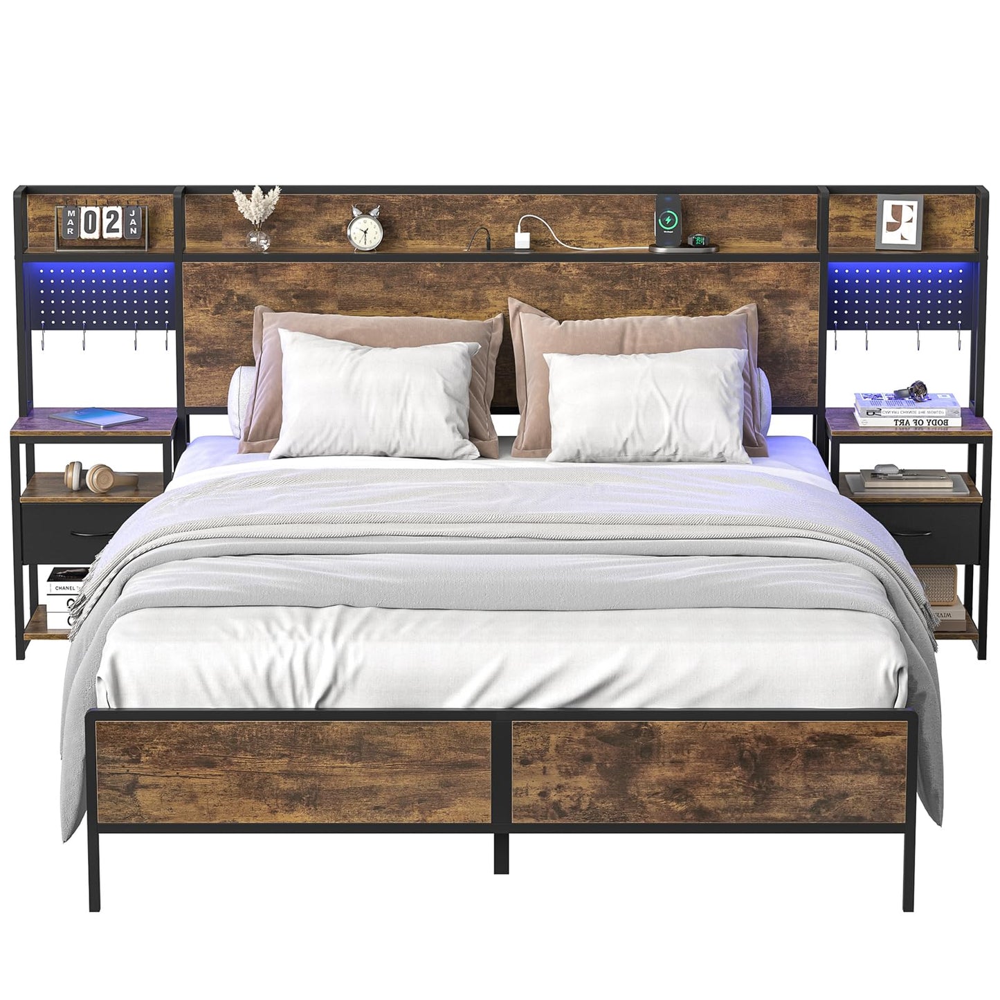 Queen Bed Frame with Set of 2 Bedside Tables with Canvas Drawers and Storage Headboard, Metal Platform Bed Frame with LED Light, Charging Station, Sturdy Metal Slats, No Box Spring Needed, Noise Free