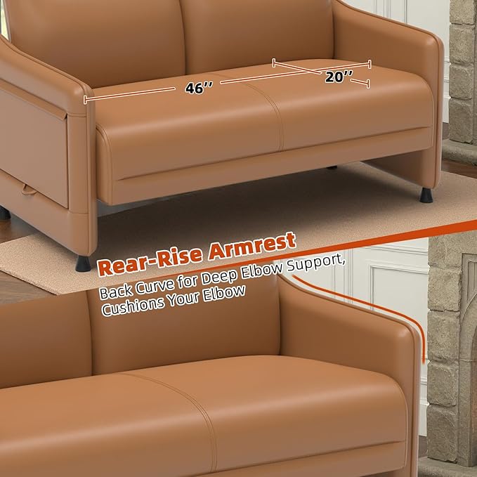 Tbillionnext Faux Leather Loveseat, Upholstered Loveseat with Hidden Foldable Tray & Side Pocket, Rear Contour Arm Design, Modern 2-Seater Sofa Couch for Small Spaces, Bedroom, Brown