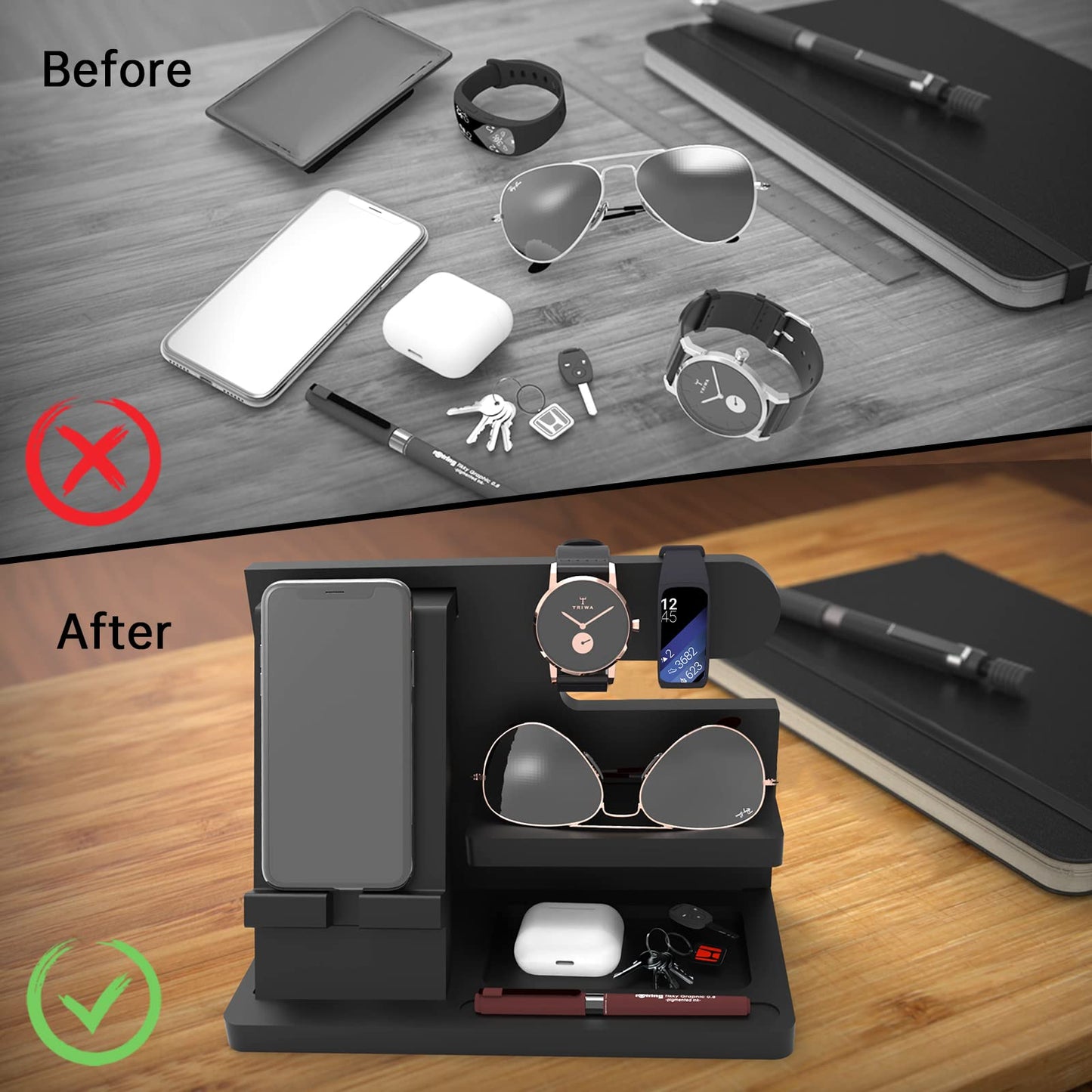 Iswabard Gifts for Men Desk Organizer Wooden Phone Docking Station Key Wallet Holder Watch Organizer Men Birthday Gifts for Dad Birthday Gift Nightstand Organizer