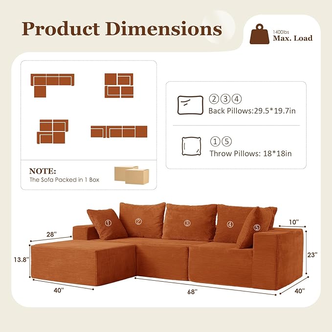 INGEROOM 108" Cloud Sectional Couch with Deep Seat, Modular Sofa Memory Foam, Boneless Sofa with Movable Ottoman, Upholstered Couches for Living Room Bedroom, No Assembly Required, Orange
