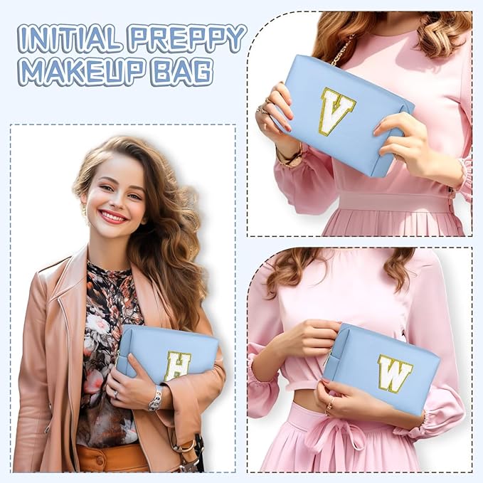 TOPEAST Travel Makeup Bag, Personalized Initial Toiletry Bag w Zipper, Cute Makeup Pouch, PU Leather Waterproof Cosmetic Bag, Birthday Gift for Daughter, Preppy Things for Girls (Sky Blue G)
