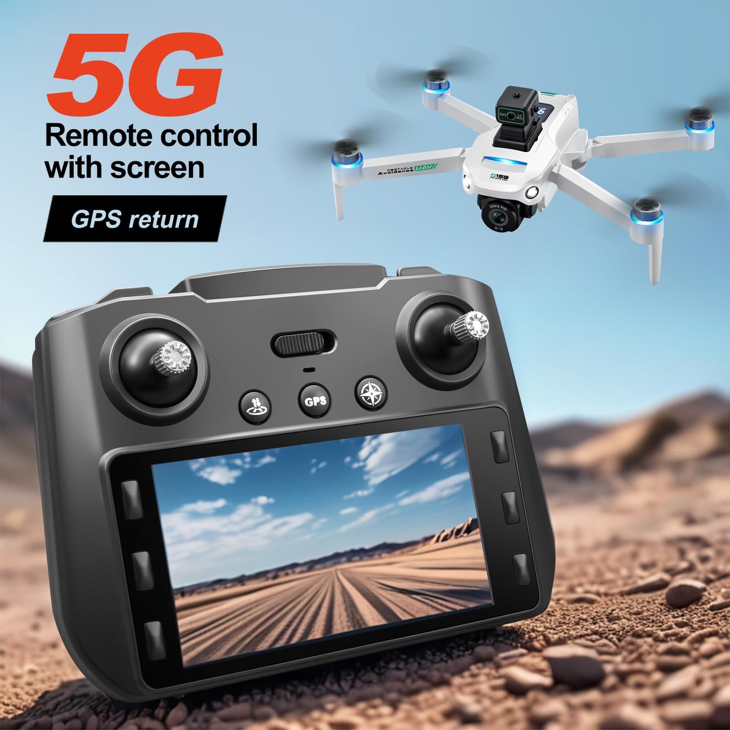 GPS Drone With Screen On Controller, Auto Go Home, 4K EIS Camera, One Click Return, Tracking Function, Speed Adjustment, LED Lights, 5G WiFi Image Transmission, Gesture Shooting, Optical Flow Positioning, Headless Mode, Dual Cameras, Automatic Return When