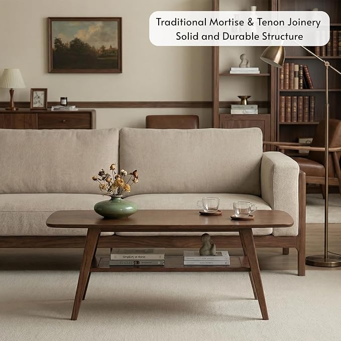 Hymus Solid Wood Coffee Table - 2-Tier Modern Center Table, Living Room Tables with Double Storage for Living Rooms, Bedrooms, and Offices (Walnut, 31.49" D x 19.68" W x 17.32" H)