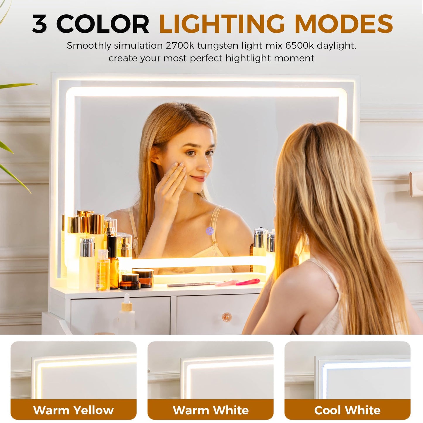 COMHOMA Makeup Vanity Desk with Mirror and Lights, Vanity Table and Chair Set with 5 Drawers and Charging Station, Bedroom Dresser LED Mirror Stepless Dimmable & 3 Color Modes Adjustable, Pure White