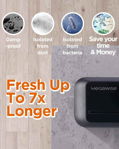 MEGAWISE Vacuum Sealer Machine 2025, 80kPa High Suction Power, One-Touch Operation, Built-in Cutter, Compact Design with Starter Bags – Food Vacuum Sealer for Dry & Moist Foods (Silver)