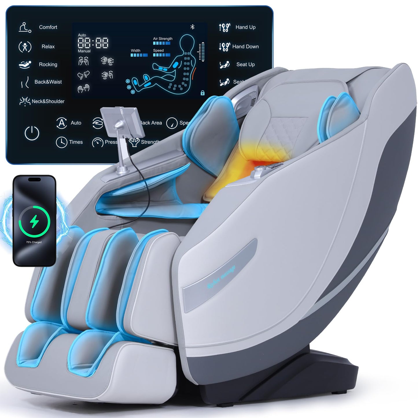 UIIU Massage Chair Full Body Zero Gravity, 3D ‌SL-Track Shiatsu Massage with Unique Rocking Sleep Mode, Upgraded Calf & Knee Massage (+11cm) for Tall People, Wireless Charging &Touch Screen,Gray Wh