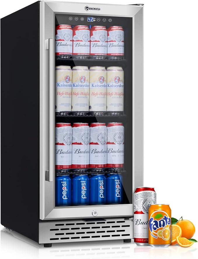 COLOZO 15 Inch Beverage Refrigerator Under Counter, 130 Cans Beverage Fridge with Tempered Glass Door & Lock, 37-65°F Beve...