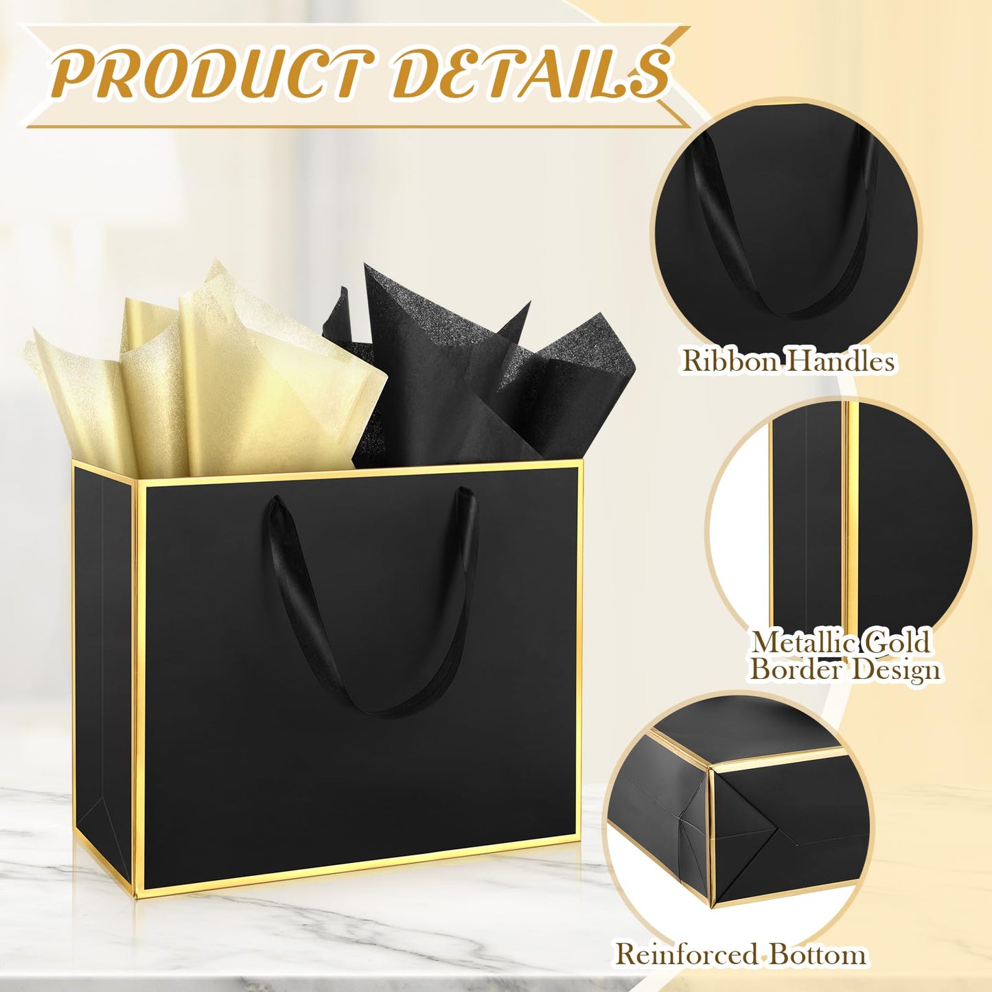 ReliThick 12 Pack 12 Pack Metallic Paper Gift Bag with Handles and Tissue Paper 11.8 x 10 x 4'' Thank You Favor Bag for Wedding Bridesmaid Groomsmen 5 Senses Birthday Gifts (Black,Gold)