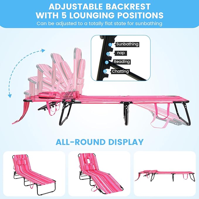 GYMAX Tanning Chair, 350lbs Beach Lounge Chair with Face Hole, Washable Pillow & Carry Strap, Adjustable Folding Chaise Lounge, Layout Lounger for Outside, Patio, Poolside, Lawn (2, Pink Stripe)