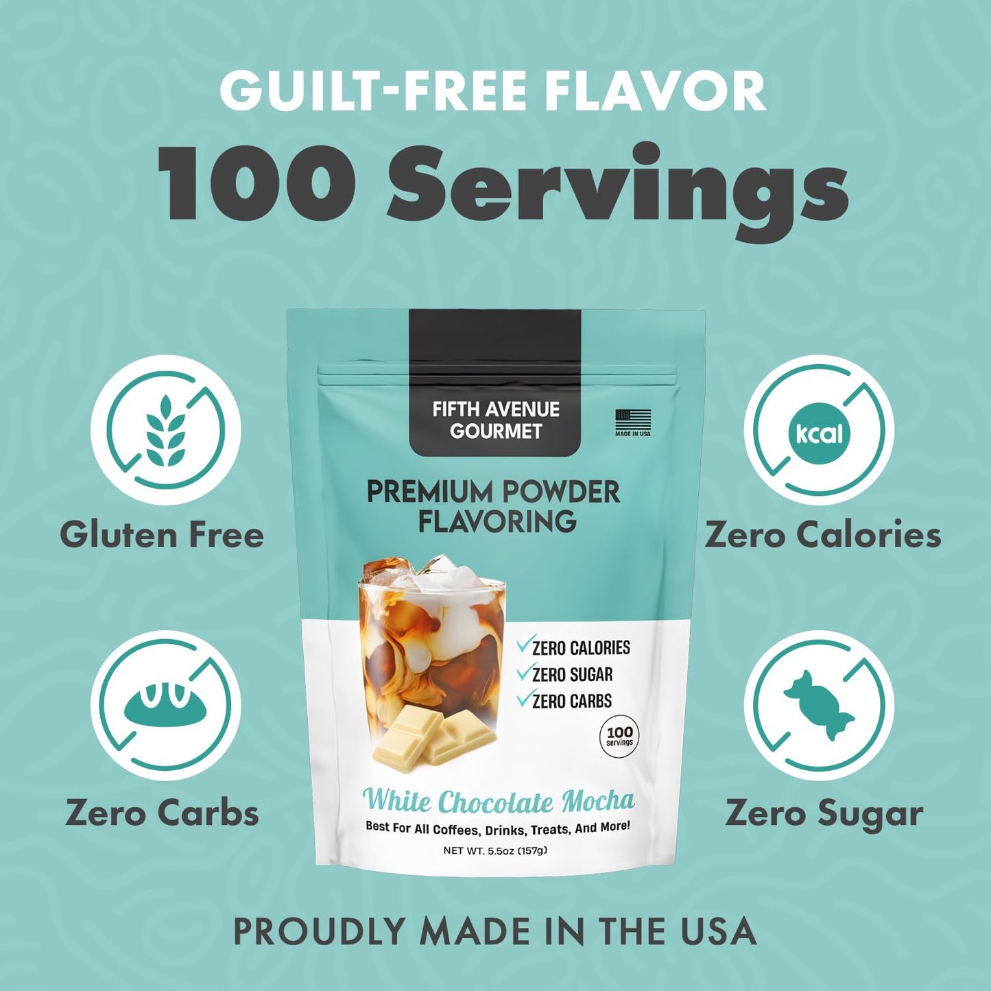 Fifth Avenue Gourmet Premium Powder Flavoring, Zero Sugar & Calories, 157g Powder Flavoring for Coffee, Drinks & Treats, Ideal for Keto & Low-Carb Lifestyles - 100 Servings, White Chocolate Mocha