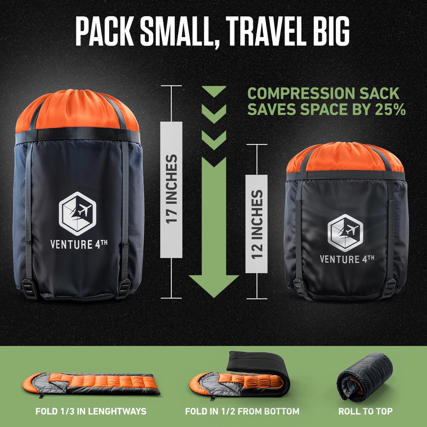 VENTURE 4TH 3-Season XXL Backpacking Sleeping Bag, Camping Sleeping Bags for Adults & Kids - Lightweight, Comfortable, Water Resistant, Ideal for Hiking, Camping & Outdoor – Orange/Gray
