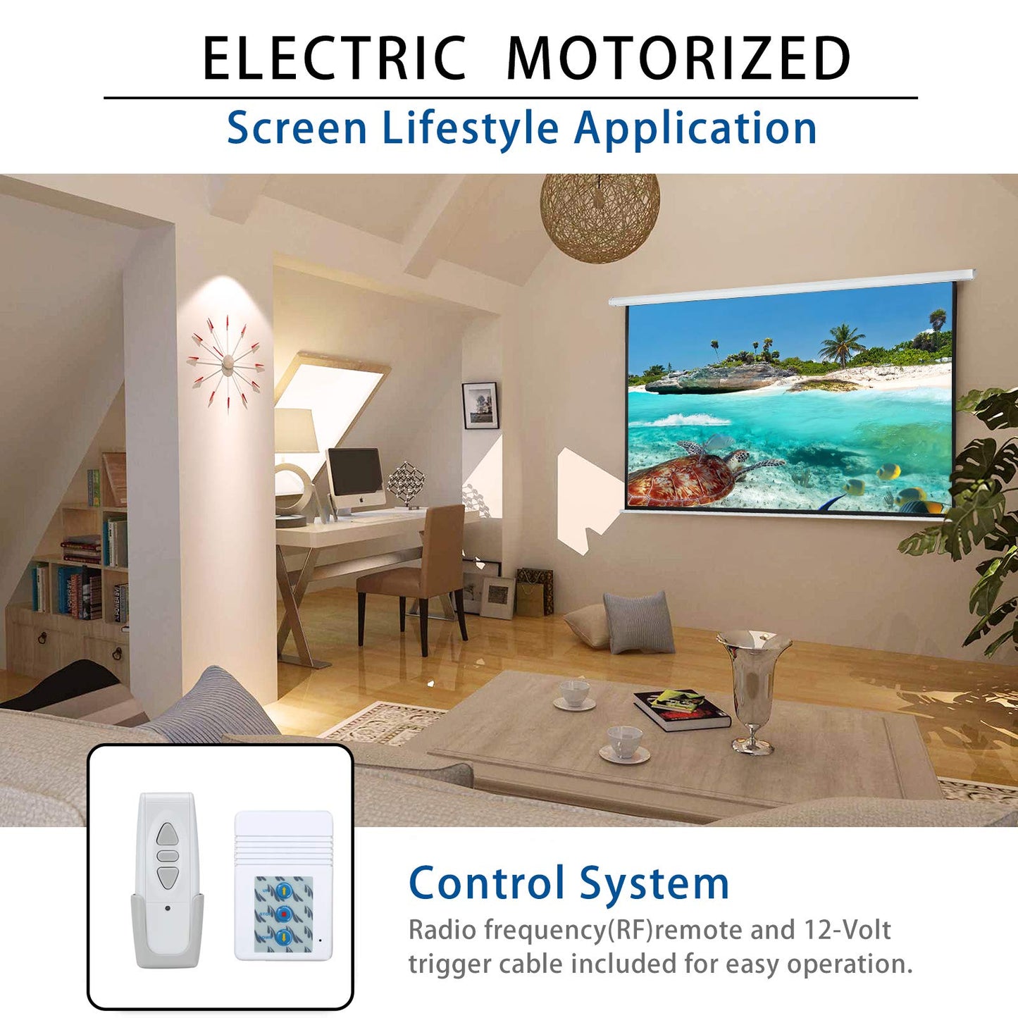 Kayle 120" Motorized Projector Screen Electric Diagonal Automatic Projection 4:3 HD Movies Screen for Home Theater Presentation Education Outdoor Indoor W/Remote Control and Wall/Ceiling Mount (White)