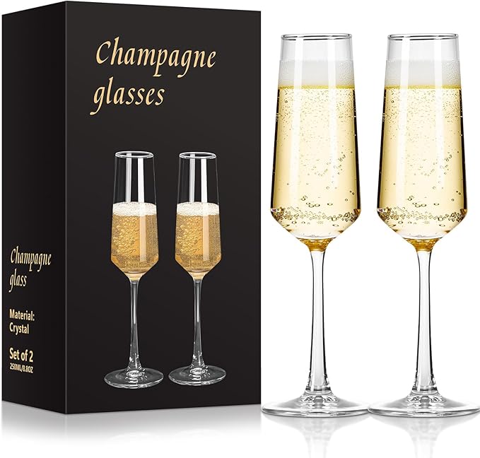 Ocean ice Glass Champagne Flutes Glass, Champagne Glasses Set of 2, Stemmed Mimosa Glasses 9oz, Hand Blown Champagne Flute...