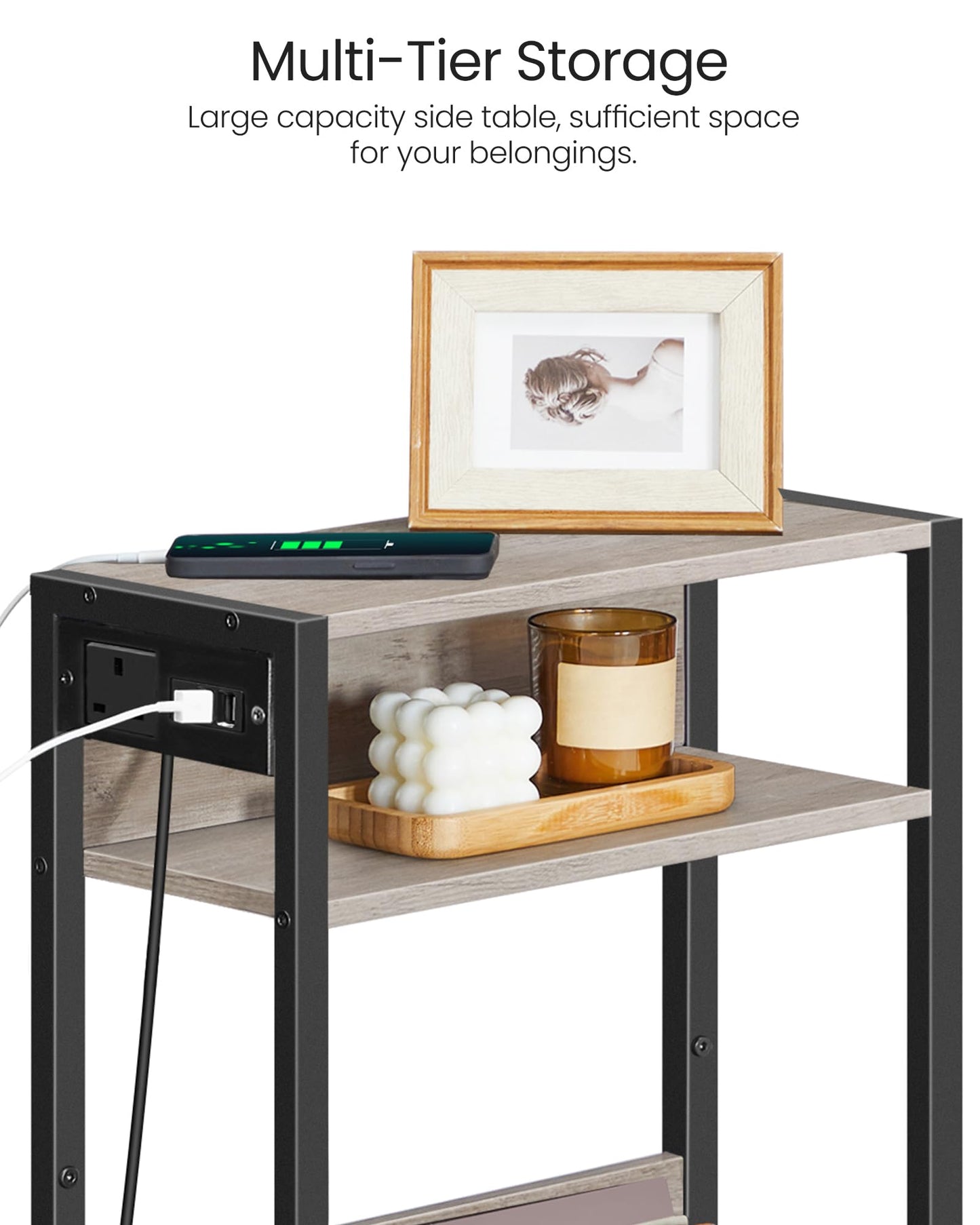 CHOEZON Side Table with Charging Station, Narrow End Table, Slim Nightstand for Small Space, Skinny Beside Table with Storage, for Living Room, Bedroom, Greige and Black DTBZ05KBH