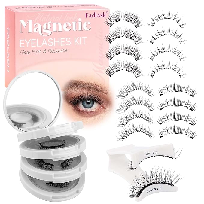 FADLASH Magnetic Eyelashes with Applicator 4 Pairs Magnetic Lashes Reusable Magnetic Eye Lashes Kit Natural Look False Eyelashes (B1+KS01+MC+K8)