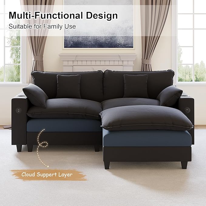 KCGKCG 80.7" Modular Sectional Sofa, L Shaped Cloud Couch with Movable Ottoman, Chenille Deep Seat Cloud Sofa with Charging Station, Cup Holder, Side Pocket, Sectional Couches for Living Room, Black