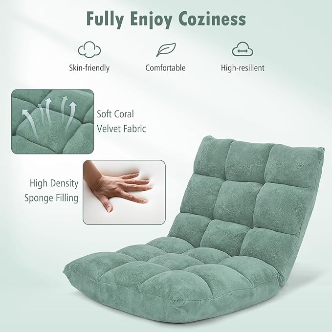 Giantex Floor Chairs, Floor Gaming Chair with Back Support, Coral Velvet, 14 Adjustable Position, Thick Sponge Padding, Floor Seating Lounge for Reading, Watching TV, Meditation, Gaming Chair Floor