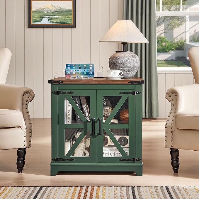 Joaxswe Farmhouse End Table with Charging Station, 24" Large Sofa Side Table with Glass Barn Door, Green Nightstand with Adjustable Storage Shelf, Wood Square Bedside Table for Living Room, Bedroom