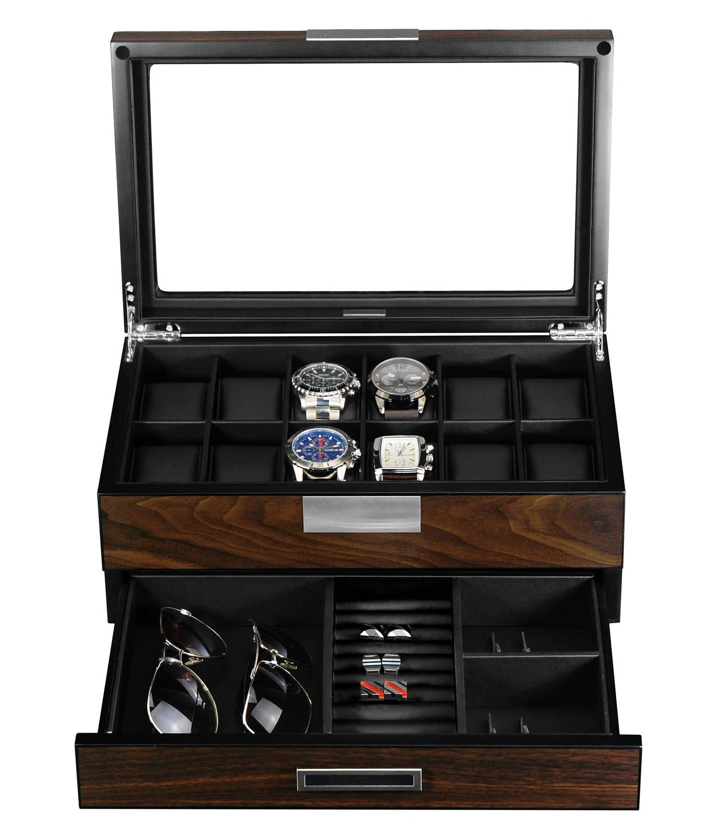 Lifomenz Co Watch Box for Men 12 Slot Wooden Watch Organizer - Premium Walnut Watch Display Case Storage with Valet Drawer, Real Glass Window & Luxury Leather Interior