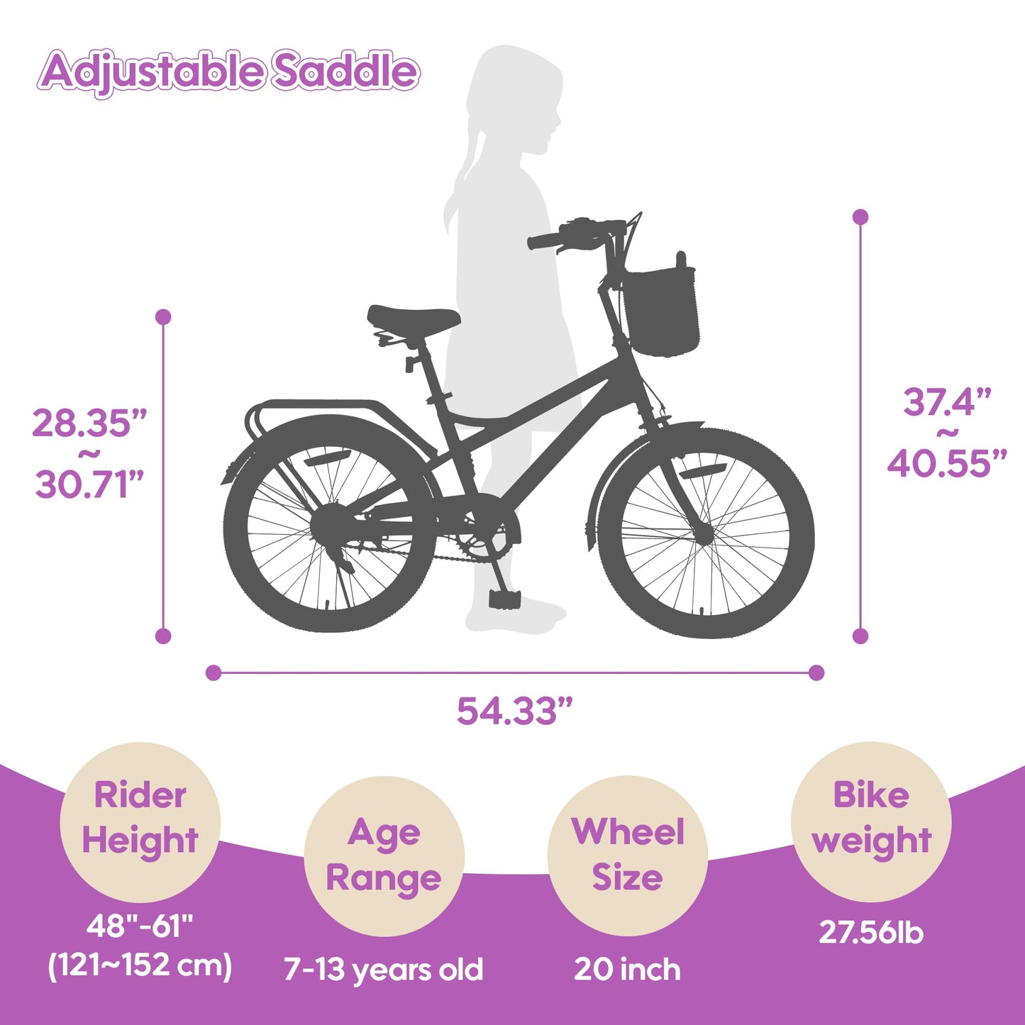 SAHISTCT Girls Bike for Ages 8-12 Years Old,20 Inch Cruiser Bike with Kickstand, Single Speed Kids Bike with Basket for Girls Boys