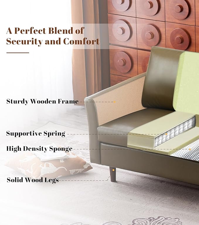 Kingfun Faux Leather 3 Seat Couch Set for Living Room, Mid Century Modern Sofa with Rolled Arms and Deep Seats, Fluffy Comfort for Apartment, Easy to Assemble, Olive Green Sofa and Loveseat