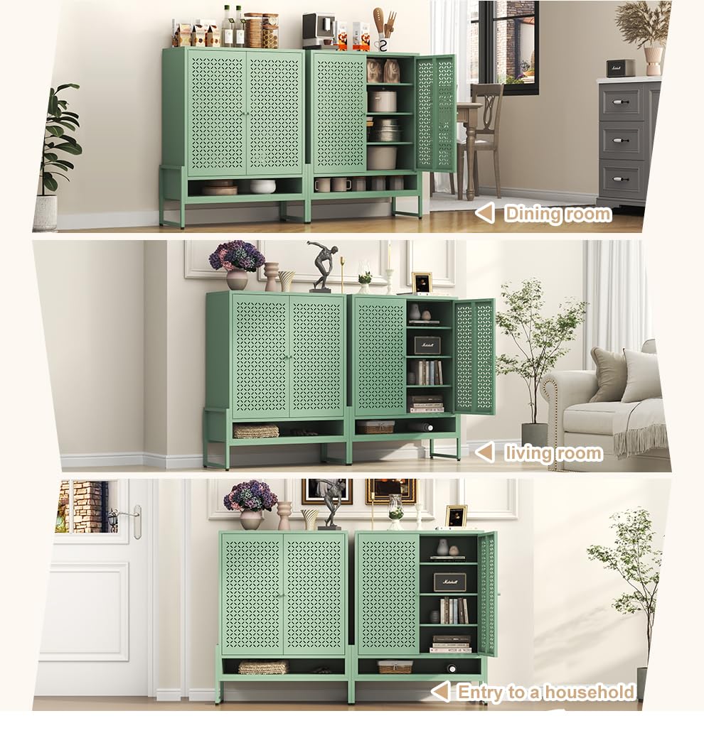 Metal Shoe Storage Cabinet for Entryway with Doors & 3 Shelves,Modern Shoe Cabinet Free Standing Shoe Organizer with Adjustable Legs for Hallway,Living Room,Foyer (Openwork Door Panel, Green)