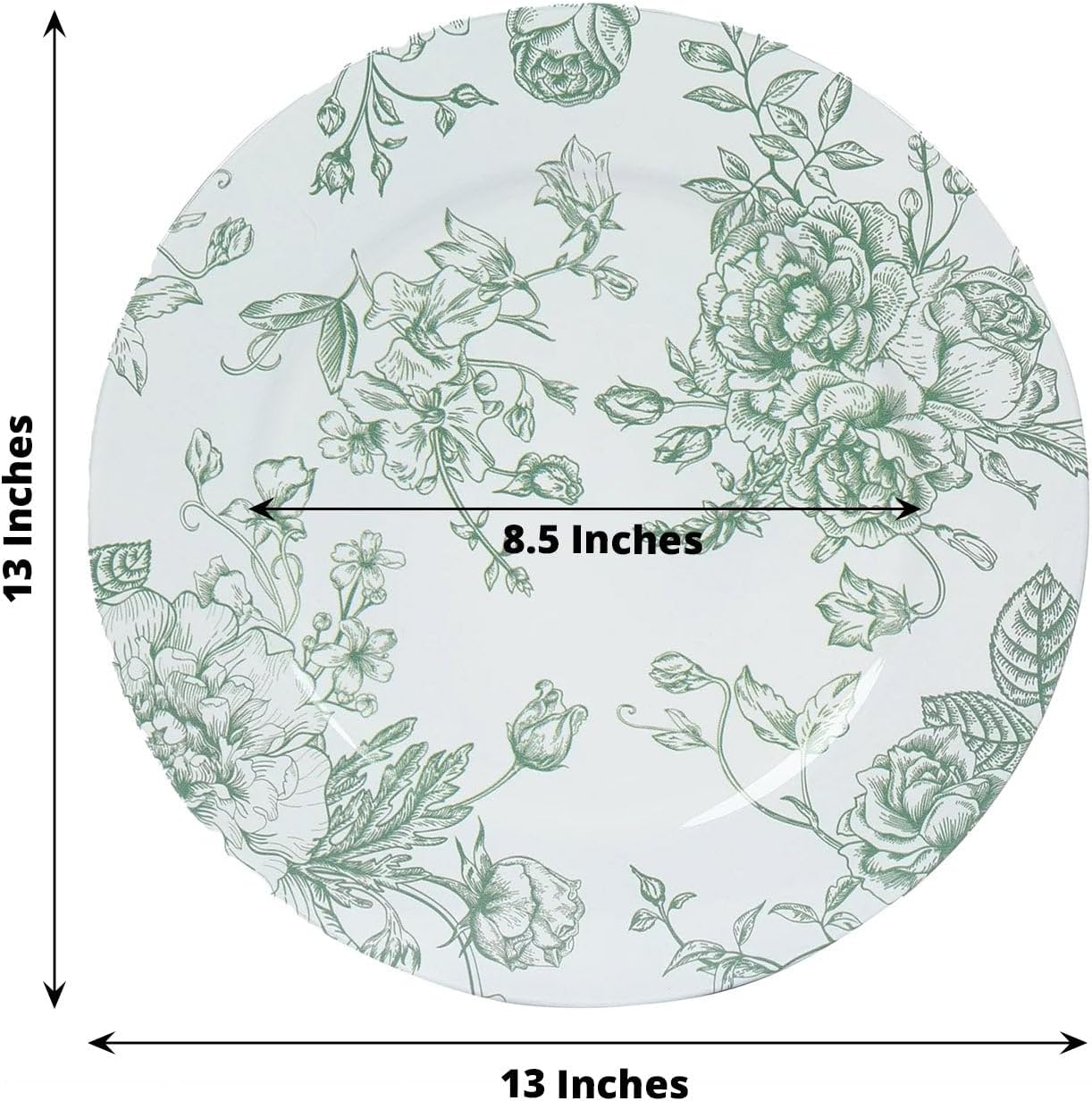 Efavormart 6 Pack Floral Acrylic Charger Plates in French Toile Pattern, White Sage Green Round Dinner Charger Event Tabletop Decor - 13"