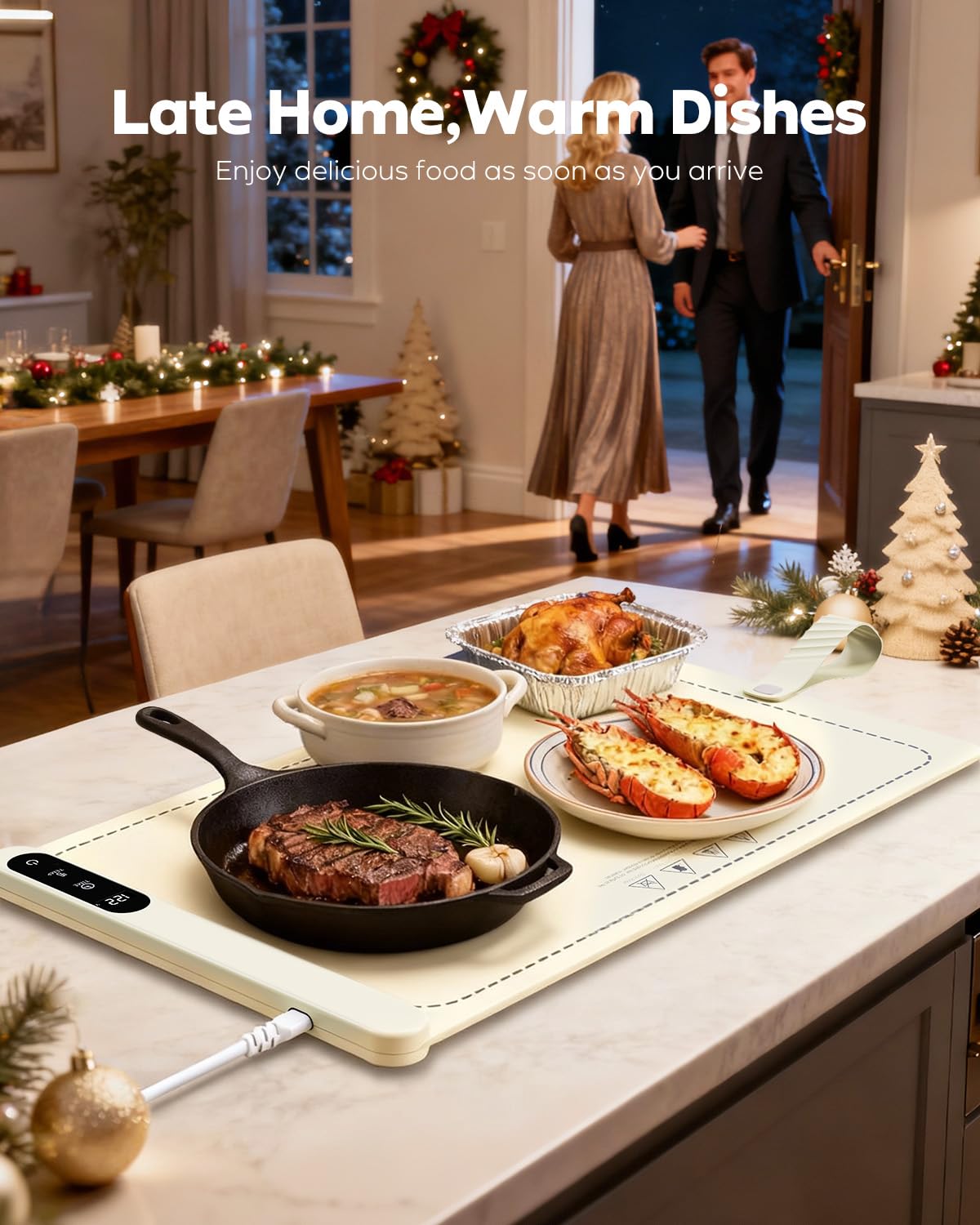 Food Warming Mat for Buffet,5s Full Surface Heating,Electric Warming Tray with 3m Power Cord,Roll Up Warming mat for Food,6 Level Adjustable TEM&6H Timer,Auto-Off (Beige, 23.6"×14.5"×0.47")