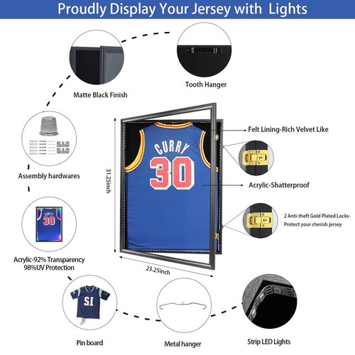Jersey Frame Display Case, Large Lockable Shadow Box Sports Jersey Frame with 98% UV Protection Acrylic and 2 Hanger for Baseball Basketball Football Soccer Hockey Shirt,Uniform, Graduates Black