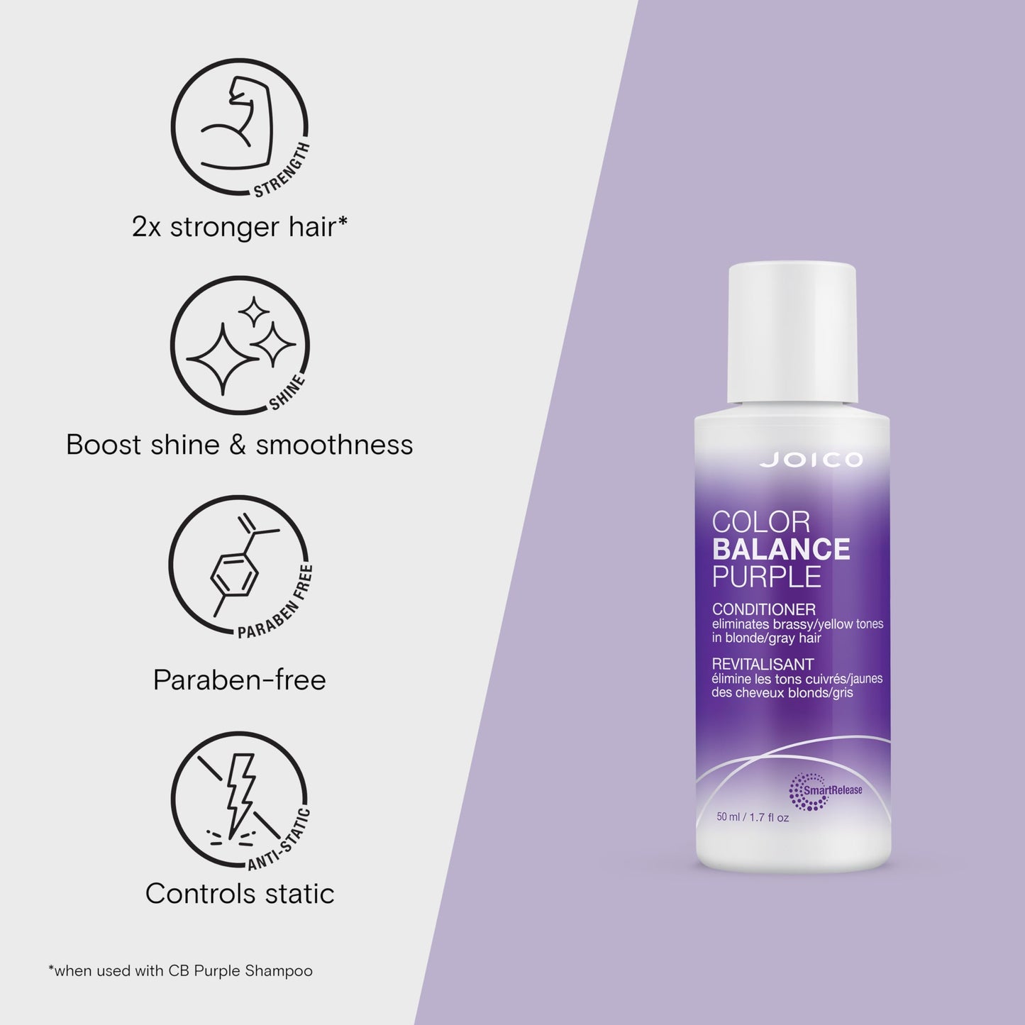 Joico Color Balance Purple Conditioner, 1.7 Fl Oz, For Cool Blonde, Gray Hair, Eliminates Brassy Yellow Tones, Boosts Vibrancy &