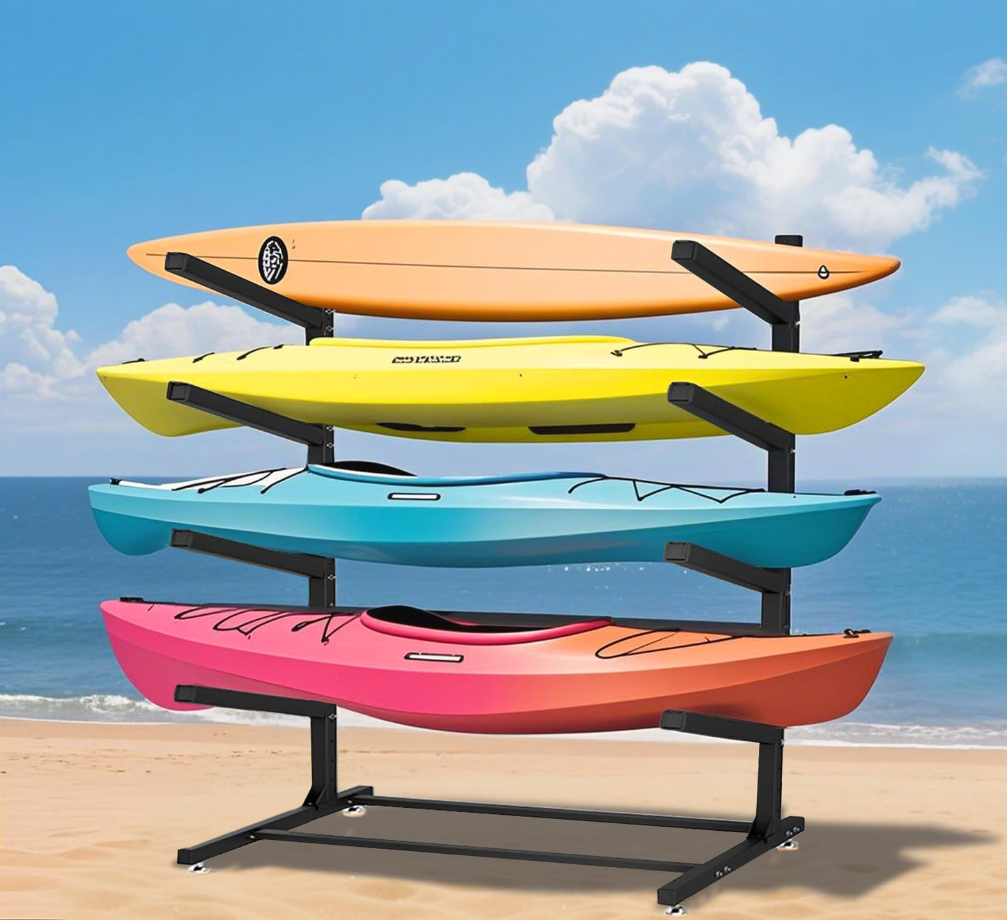 Kayak Rack Freestanding, Heavy-Duty Kayak Storage Rack W/Non-Slip EVA Pad/Powder-Coated Steel/Hooks Adjustable Paddle Board Canoe Racks for Outdoor Storage, Weather-Resistant Kayak Stands for Garage