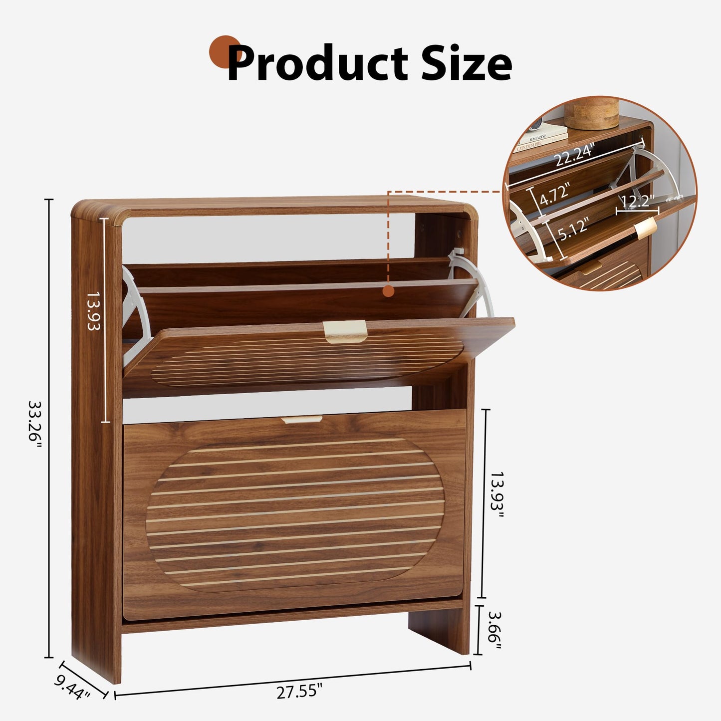 RUSTYER Narrow Shoe Storage Cabinet for Entryway with 2 Flip Drawers, Freestanding Wood Shoe Cabinet with Arched Stripe Panel, Curved Edge Shoe Organizer Closed Shoe Rack for Hallway, Foyer (Walnut)