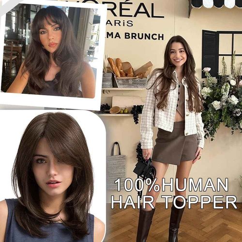 HVVZOY Hair Toppers for Women Real Human Hair,360°3D Big Basement Cover Topper for Women with Thinning Crown with Wispy Clip in Bangs Realistic Scalp (1B, 3D Wispy Bangs 14INCH)