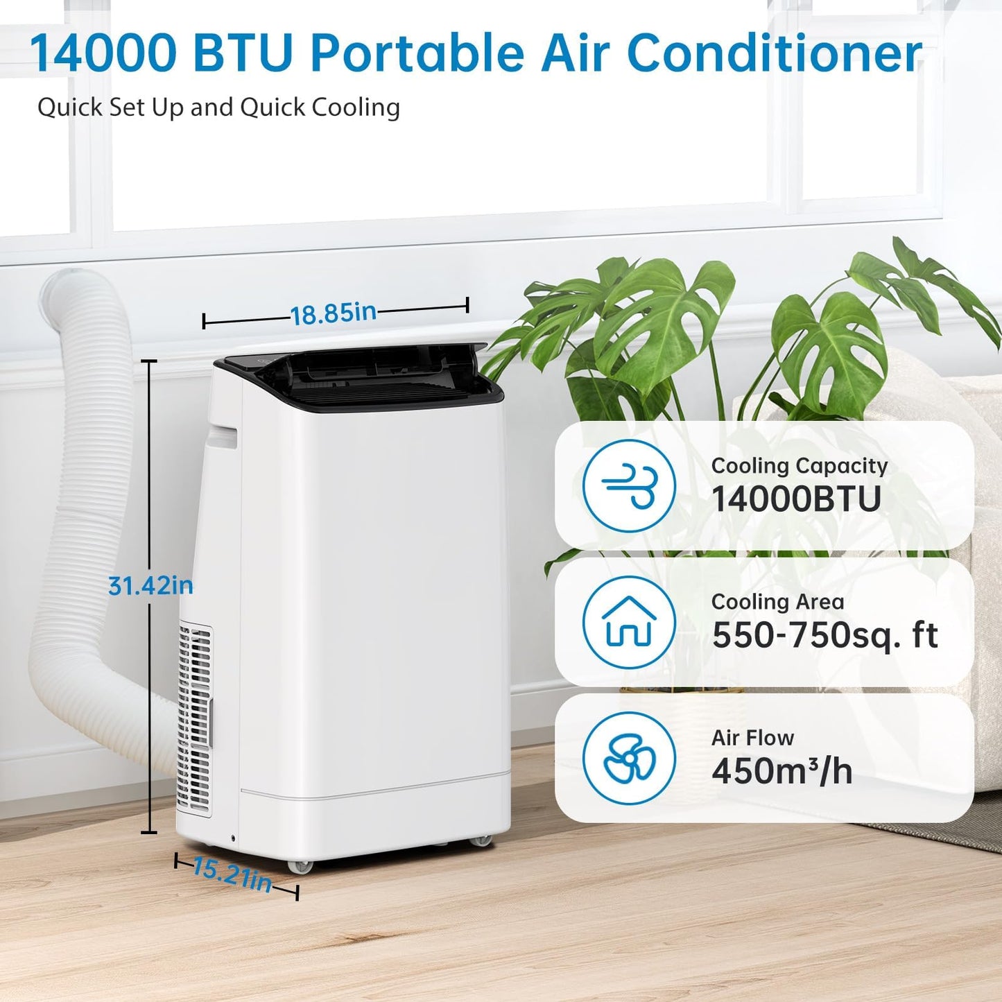 14000 BTU Portable Air Conditioner with Remote Control, 3-in-1 Free Standing Cooling AC Unit with Fan & Dehumidifier for 750 Sq Ft Rooms,Smart/Sleep Mode,3 Speed,Auto Swing,24H Timer