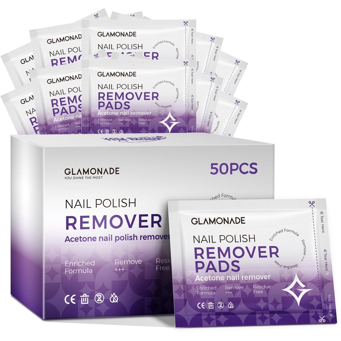 Glamonade Nail Polish Remover Pads: Acetone Nail Polish Remover Wipes 50 PCS Professional Individually Wrapped Wet Wipes Rapidly