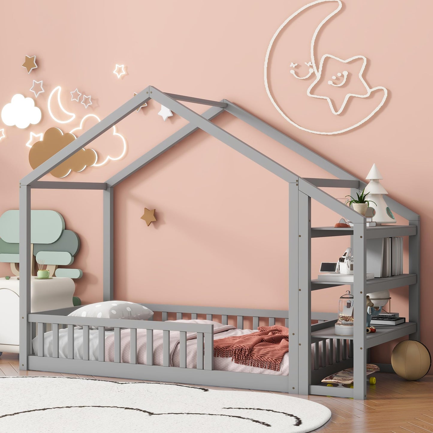 Aoowow Twin Size Floor Bed Twin House Bed Frame with Storage Shelves, Wooden Montessori Floor Bed Kids Playhouse with Fence for Boys Girls for Bedroom,Twin-Grey