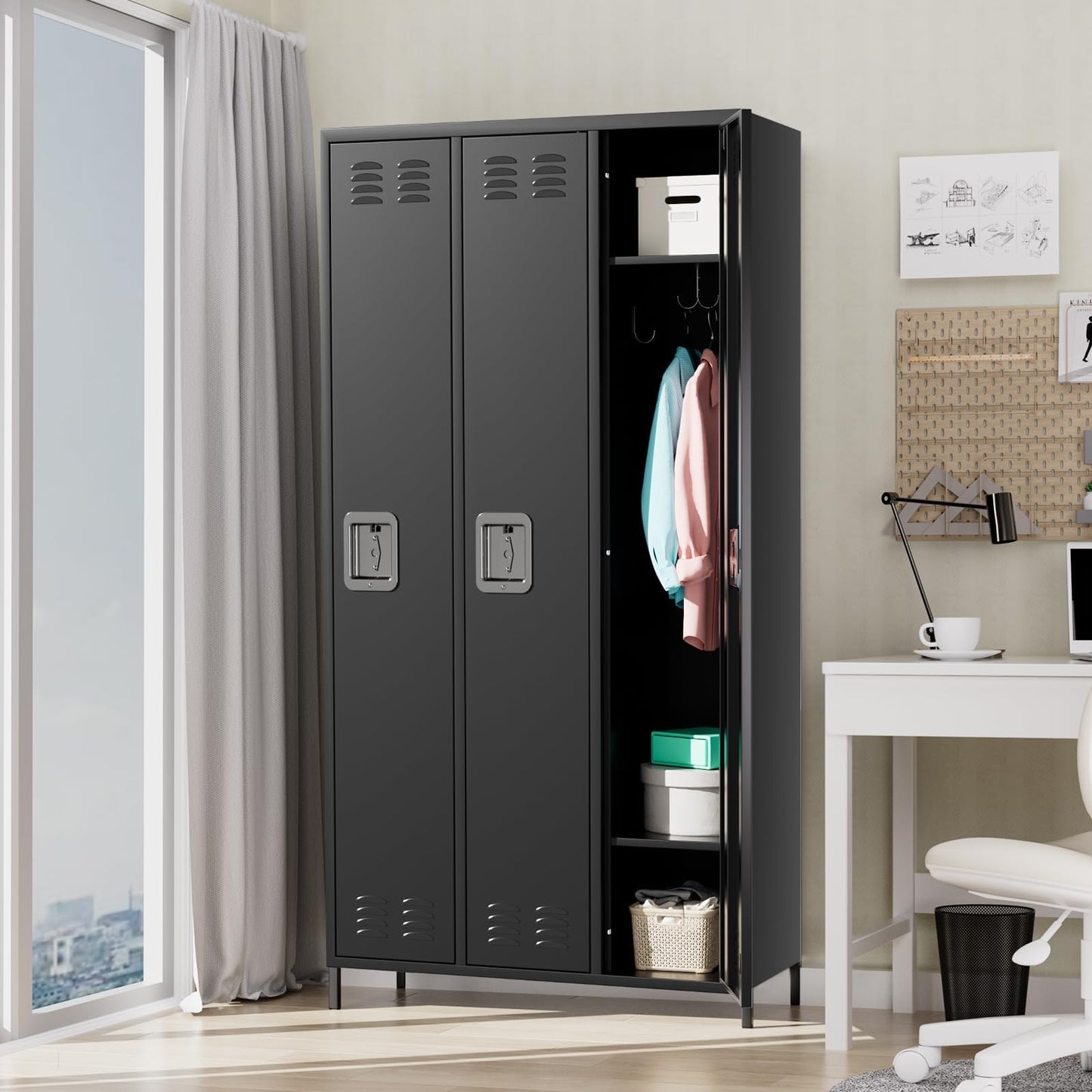 MERXENG Metal Storage Locker with 3 Doors, Metal Locker for Employees with 9 Hooks for Garage School Office Gym Home, Assembly Required, Black