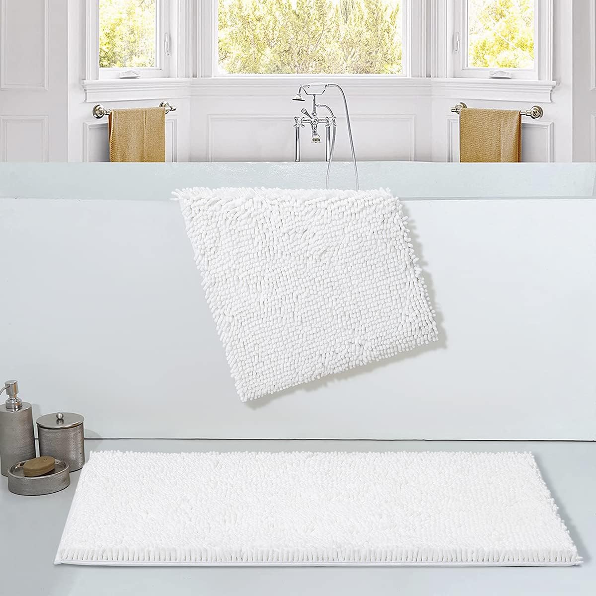 SONORO KATE Bathroom Rug,Non-Slip Bath Mat,Soft Cozy Shaggy Thick Bath Rugs for Bathroom,Plush Rugs for Bathtubs,Water Absorbent Rain Showers and Under The Sink (White, 17" x 47" Plus 17" x 24")