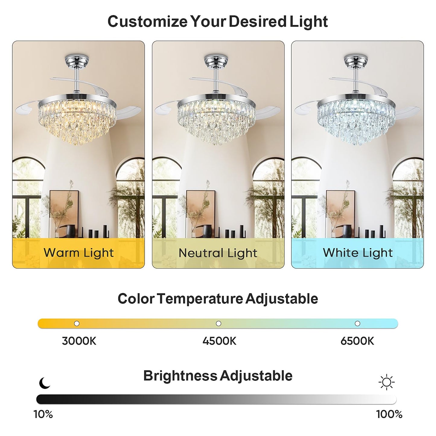 Deliyfans 42'' Chandelier Ceiling Fan with Lights, Retractable Fan with Remote and APP, Crystal Fandelier Ceiling Fan, Dimmable LED, Reversible Motor, Quiet for Bedroom Living Room-Chrome