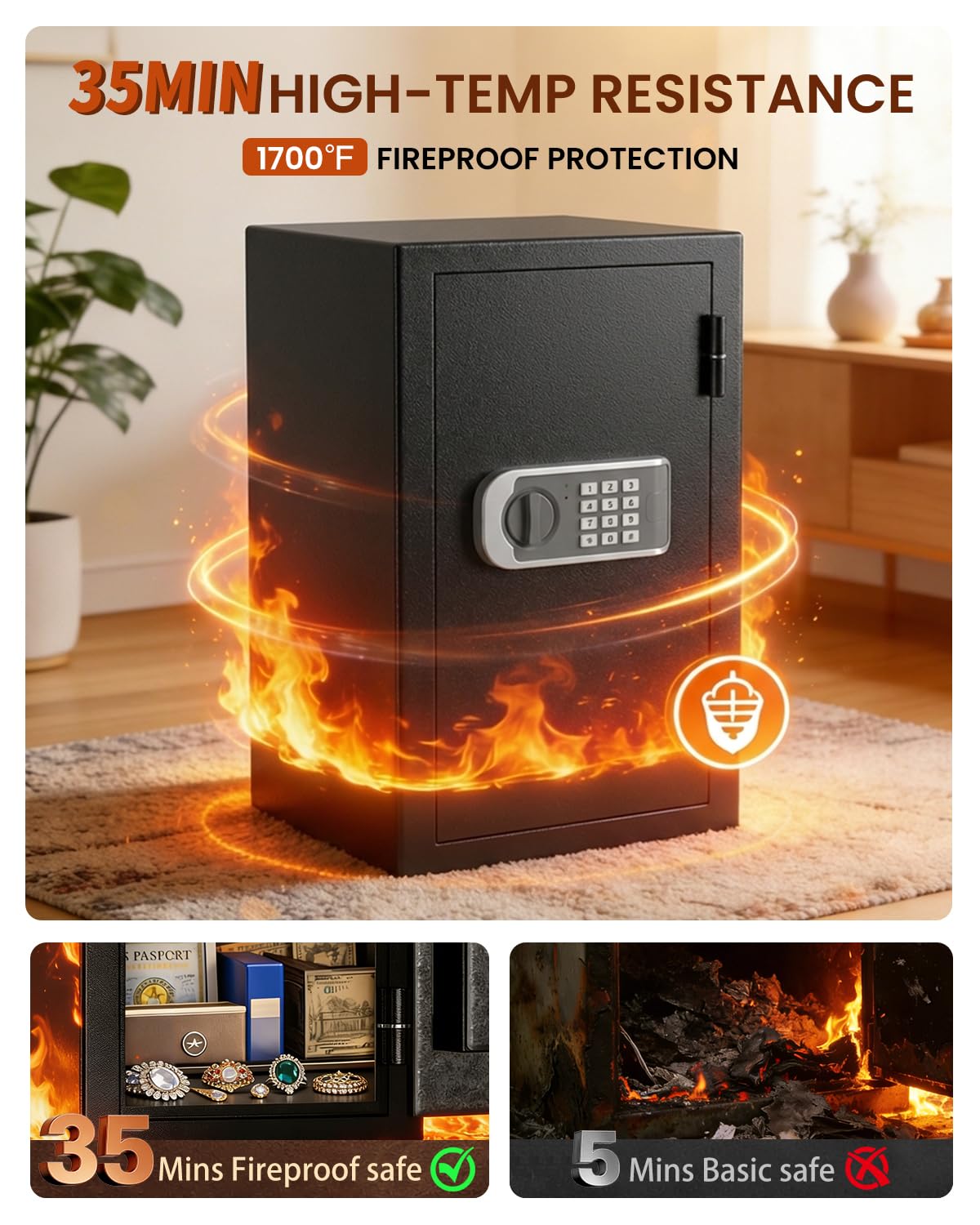 [2026 Upgraded] -35 Min Real Fireproof Safe-3.6 Cu Ft Large Safe for Home Use, Security Safe Box with Smart Alarm System, Wall & Floor Mount Anti-Theft Safe for Money Legal Documents Valuables Jewelry