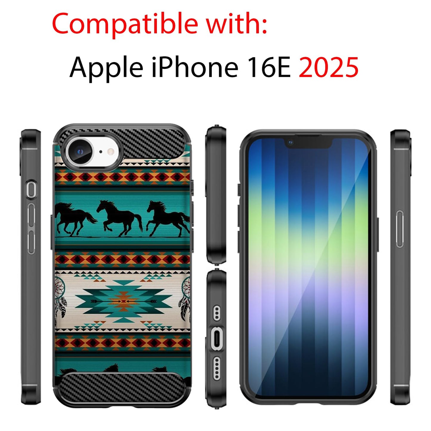 Casesondeck Case Compatible With [Apple Iphone 16E Case] Tribal Floral Matte Tpu Flexible Carbon Fiber Textured (Horse Tribal)