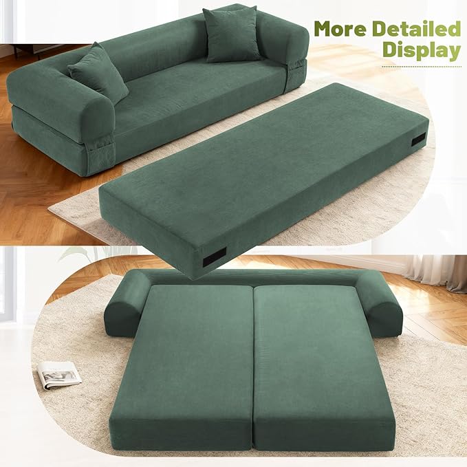 GJQ Convertible Futon Sofa Bed,80" Folding Pull Out Couch Bed with Storage,Queen Sleeper Sofa Bed,Compressed Couch in a Box,Corduroy Boneless Couches for Living Room,Light Green