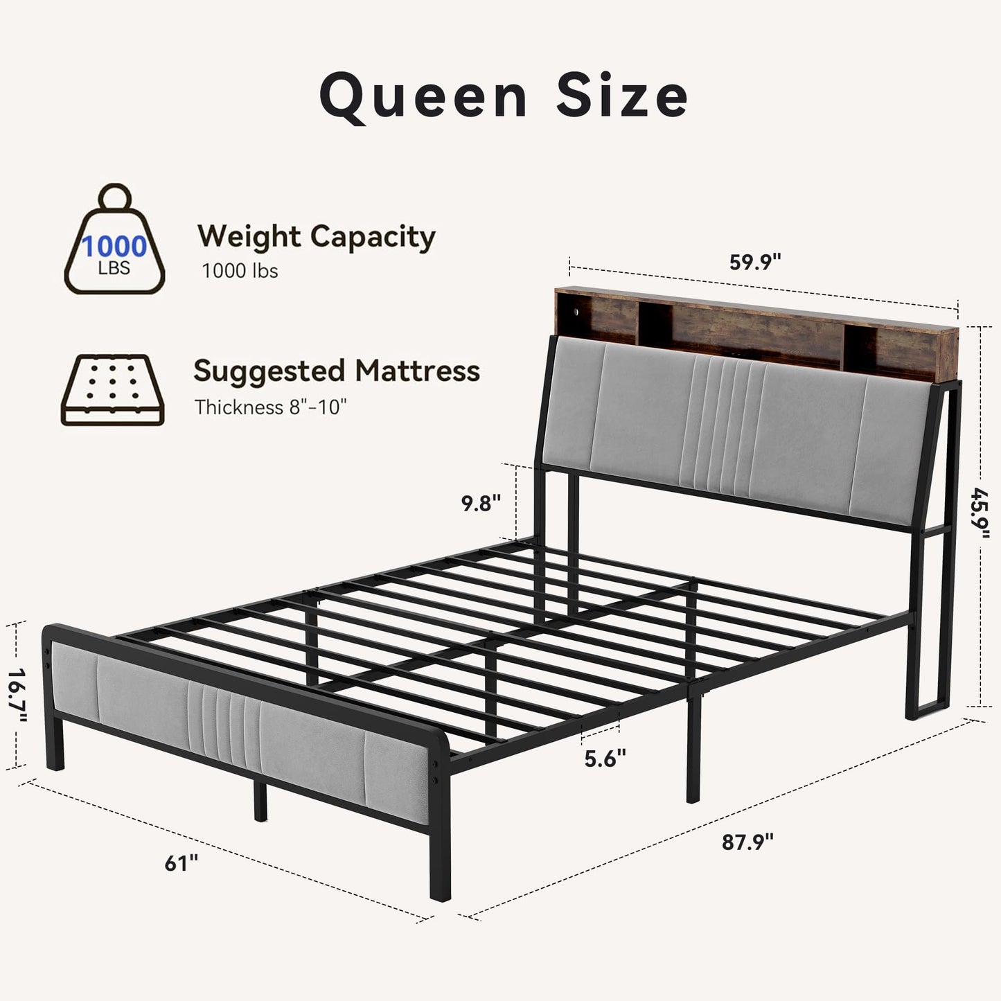 BedsPick Queen Bed Frame with Ergonomic Headboard, Upholstered Metal Platform Bed Queen Size with 2-Tier Storage, Charging Station, Smart LED Lights, Easy Assembly, No Box Spring Needed, Grey