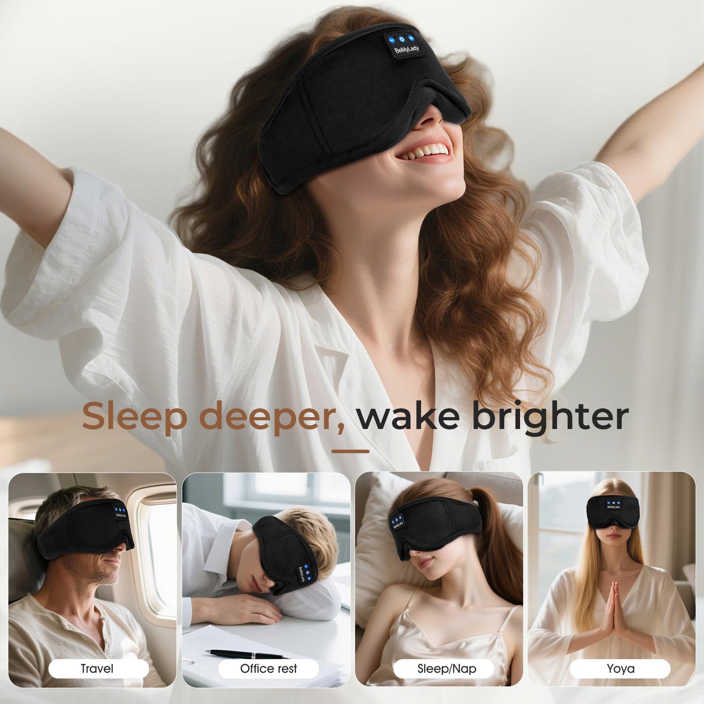 BeMyLady Sleep mask Headphones,100% Blackout 3D Zero Eye Pressure Bluetooth Sleep mask Breathable Eye mask with Bluetooth Headphones Sleep Headphones for Side Sleepers 14H Playtime&Bluetooth 5.4 Black