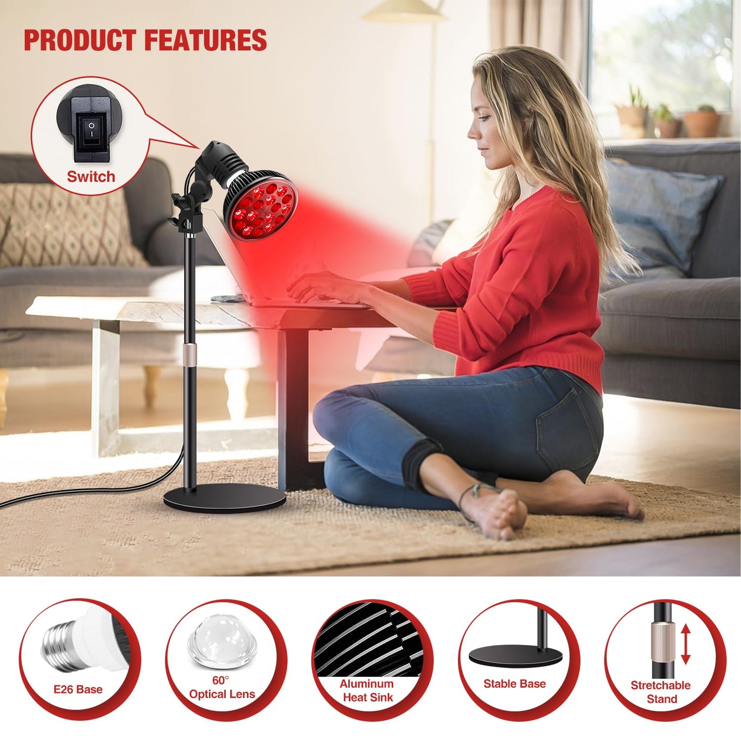 Aumtrly Red Light Therapy Lamp with 16.5 inch Adjustable Stand, 660nm Red Light and 850nm Near Infrared Light Combo for Face and Body Use