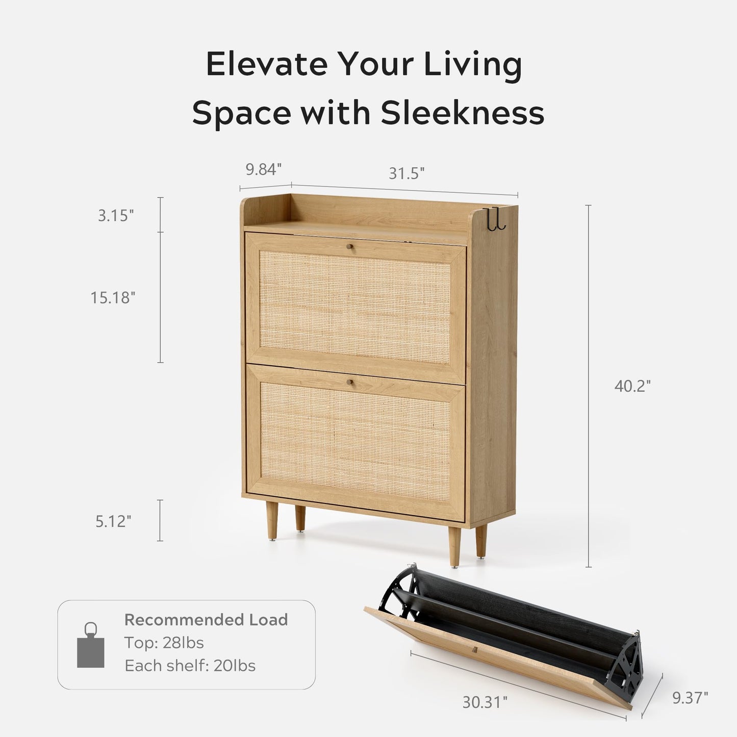 EYYTHUNG Rattan Shoe Cabinet with 2 Flip Drawers, Mid Century Modern Shoe Organizer, Boho Wooden Hidden Slim Narrow Shoe Rack Cabinet for Entryway, Hallway, Natural Oak