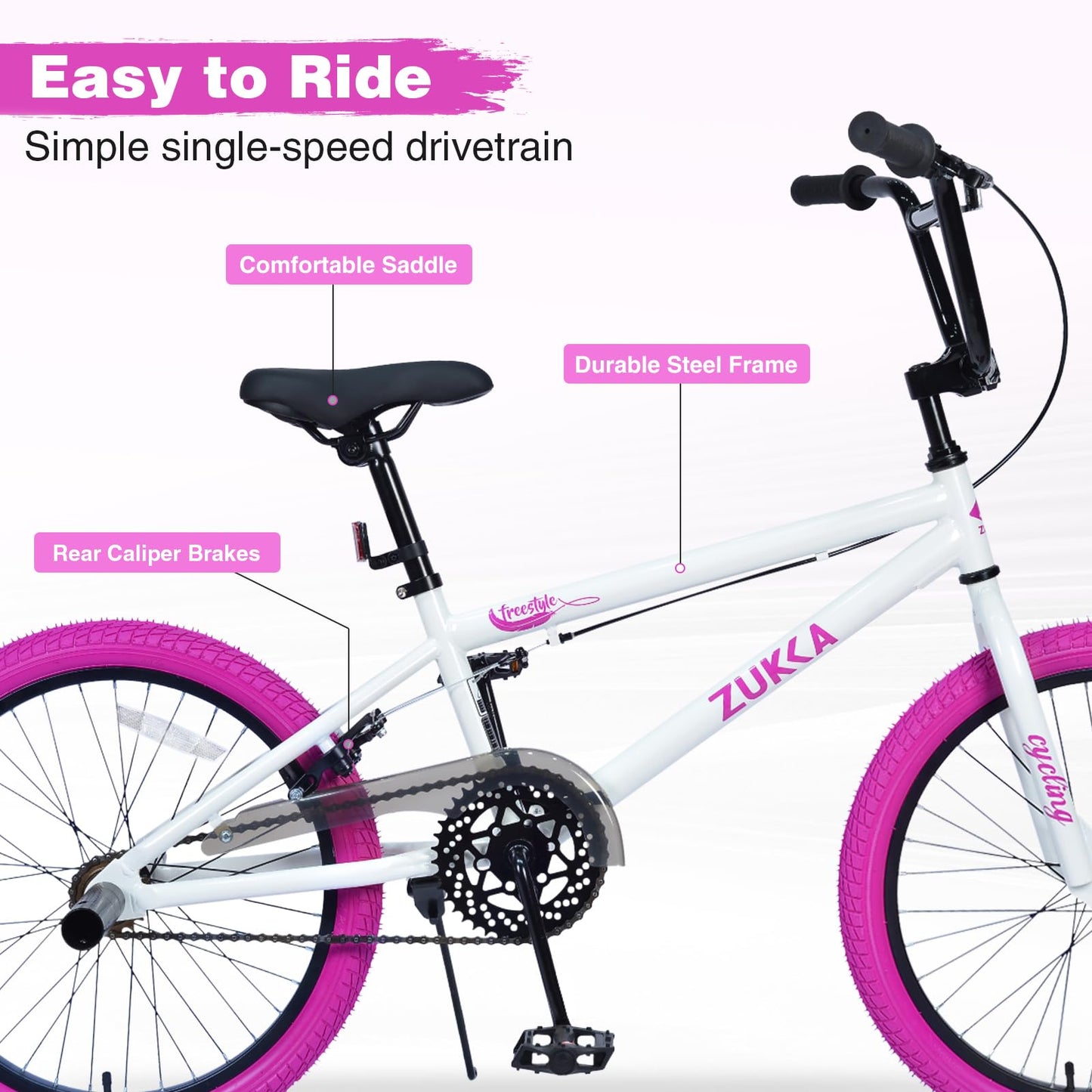 BMX Style 20 Inch Kids Bike for Boys/Girls Bicycle Ages 7-10 Years Old,1 Speed,Kids Cycle Bikes from Beginner-Level BMX to Advanced Riders with 2 Pegs,Rear Caliper Brakes，Durable Steel Frame，White