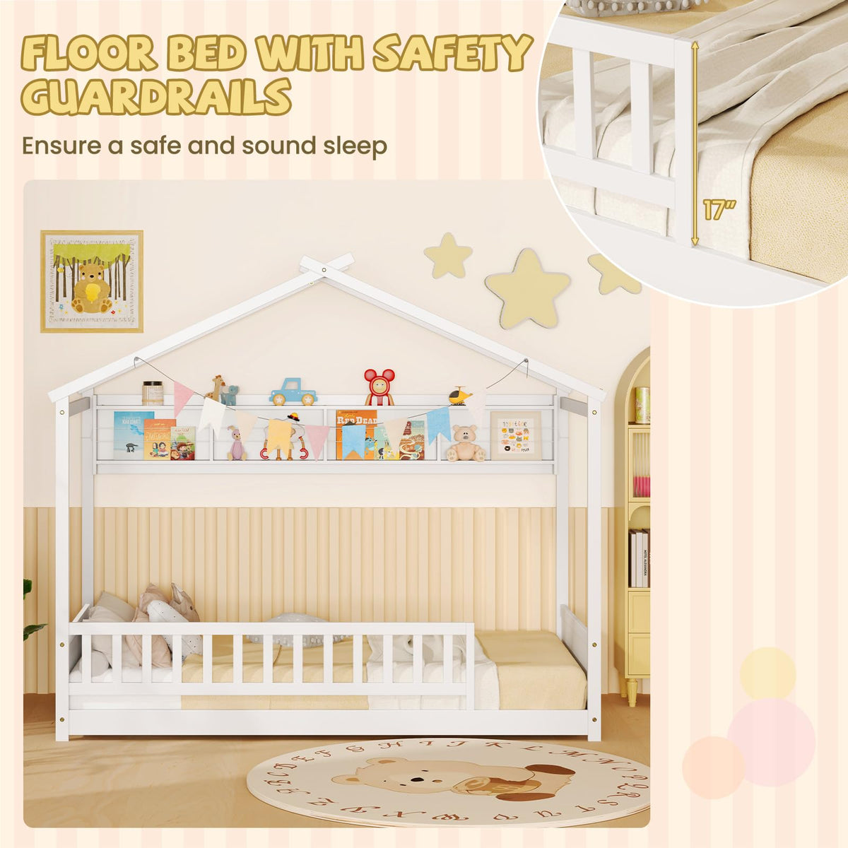 Giantex Twin Floor House Bed with Storage Shelf, Wood Twin Bed Frames with Headboard & Guardrail, Montessori Floor Bed Twin with Wooden Slat Support for Kids Boys Girls, Kids Bed, White