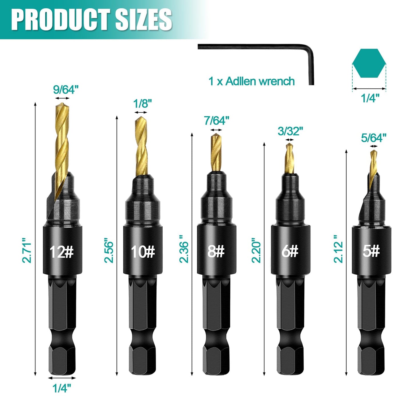 OAOJUBR 5PCS Countersink Drill Bit Set, Professional Brocas para Madera - Adjustable Wooden Drill Bit Set, Used for Wood Countersink Drill Bit with Depth Stop
