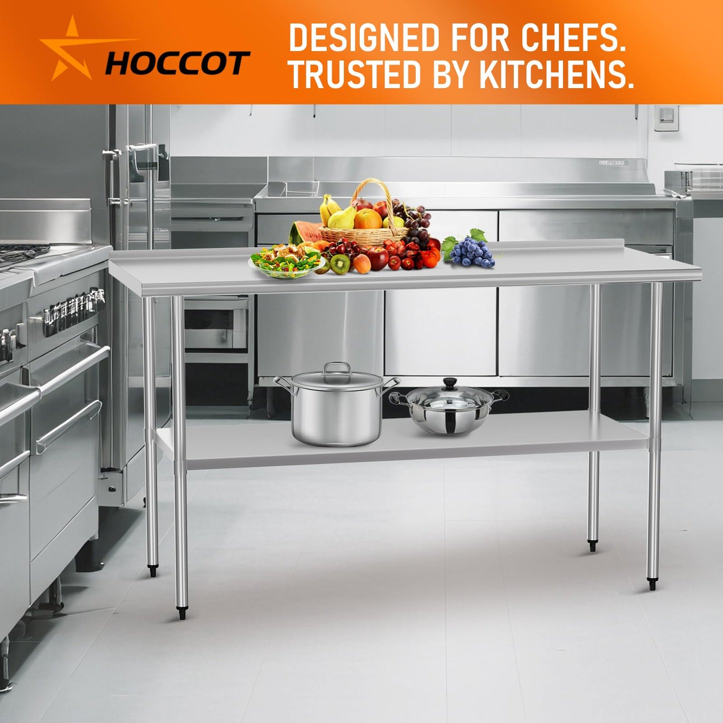HOCCOT Stainless Steel Table 24" x 60" with Adjustable Undershelf and Backsplash, Commercial Metal Workstations for Kitchen, Garage, Outdoor BBQ